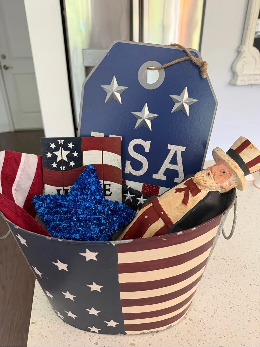 Patriotic Blue and Red Americana Decorative Bucket - Home Accents